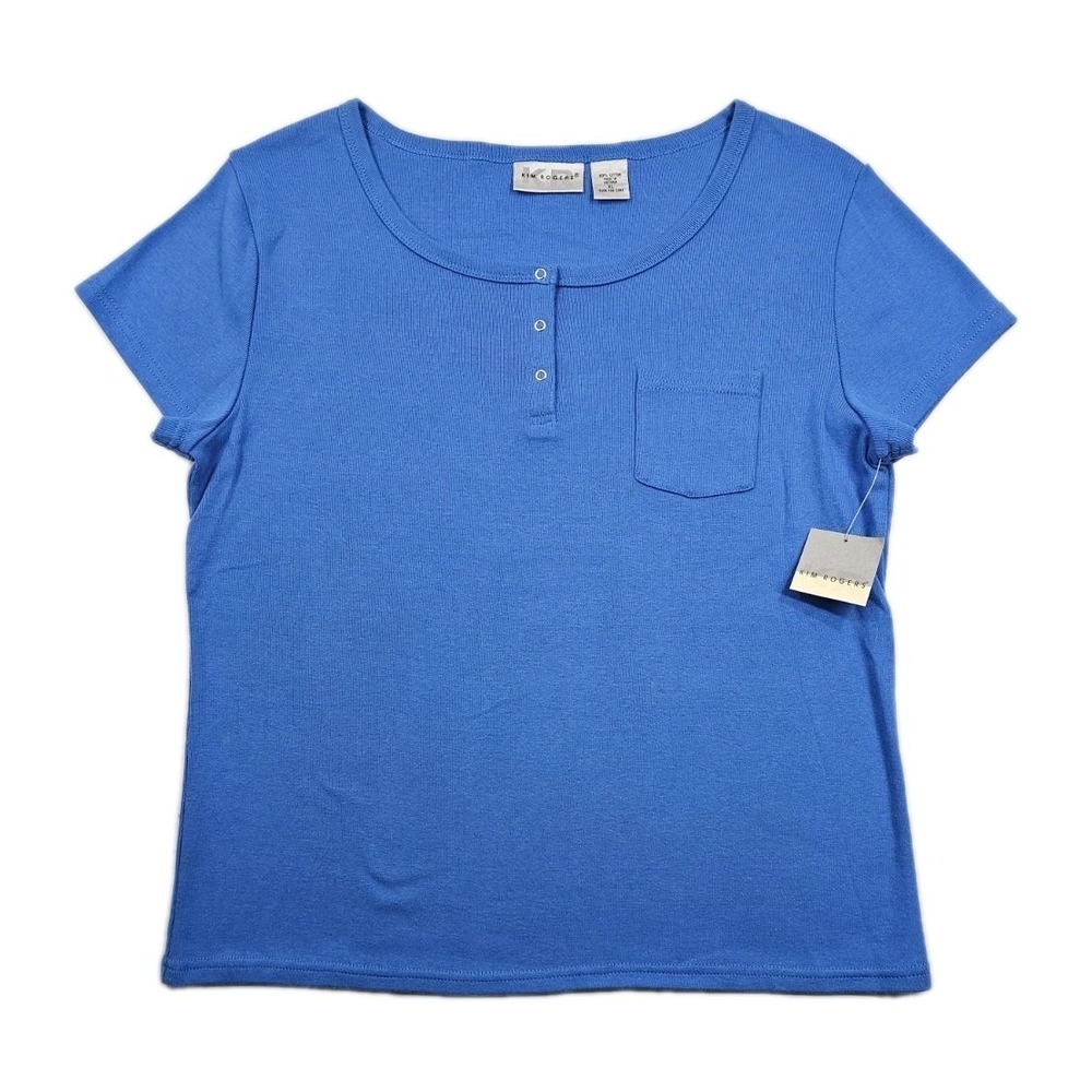 Kim Rogers Snap Button Scoop Neck Womens Boggs Blue Top Soft Pocket T-Shirt